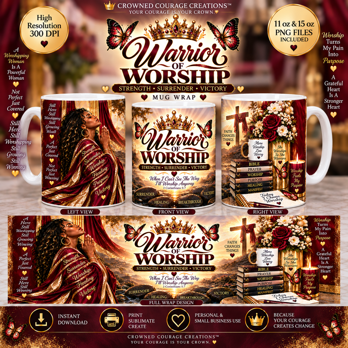 Warrior of Worship – Burgundy & Champagne Gold Mug Wrap | Digital Download