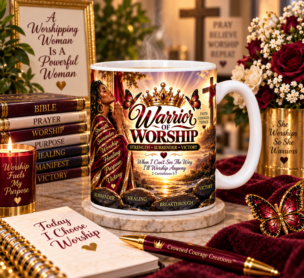 Warrior of Worship – Burgundy & Champagne Gold Mug Wrap | Digital Download