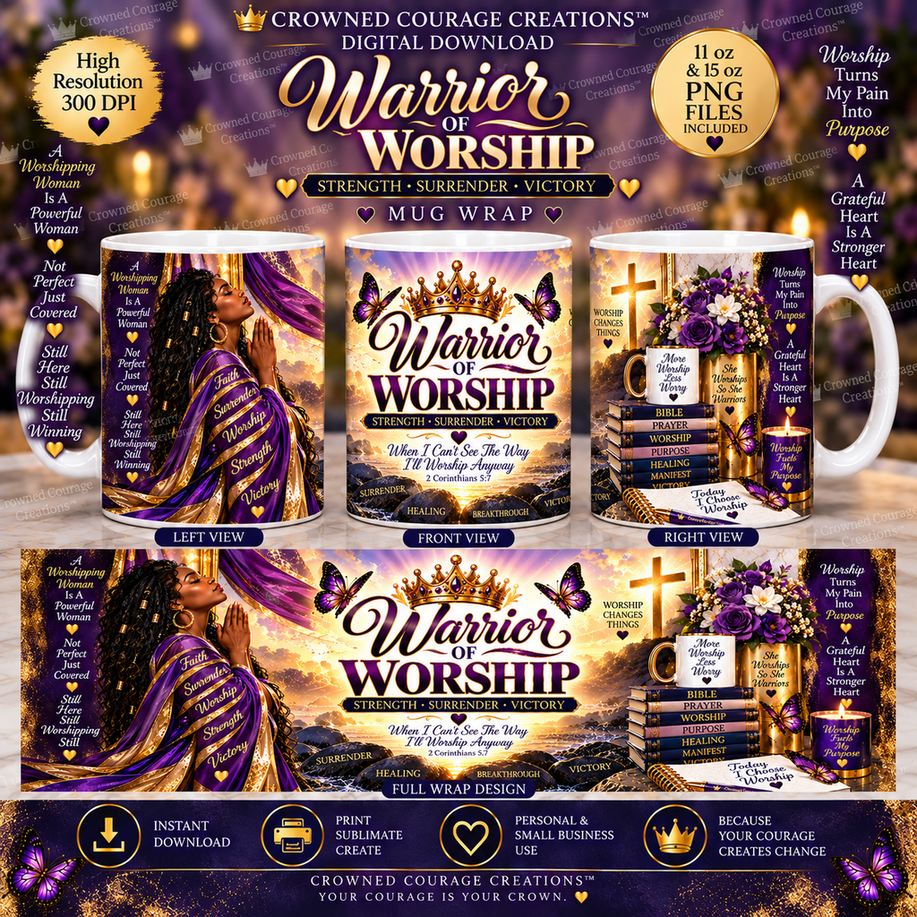 Warrior of Worship – Royal Purple & Gold Mug Wrap | Digital Download