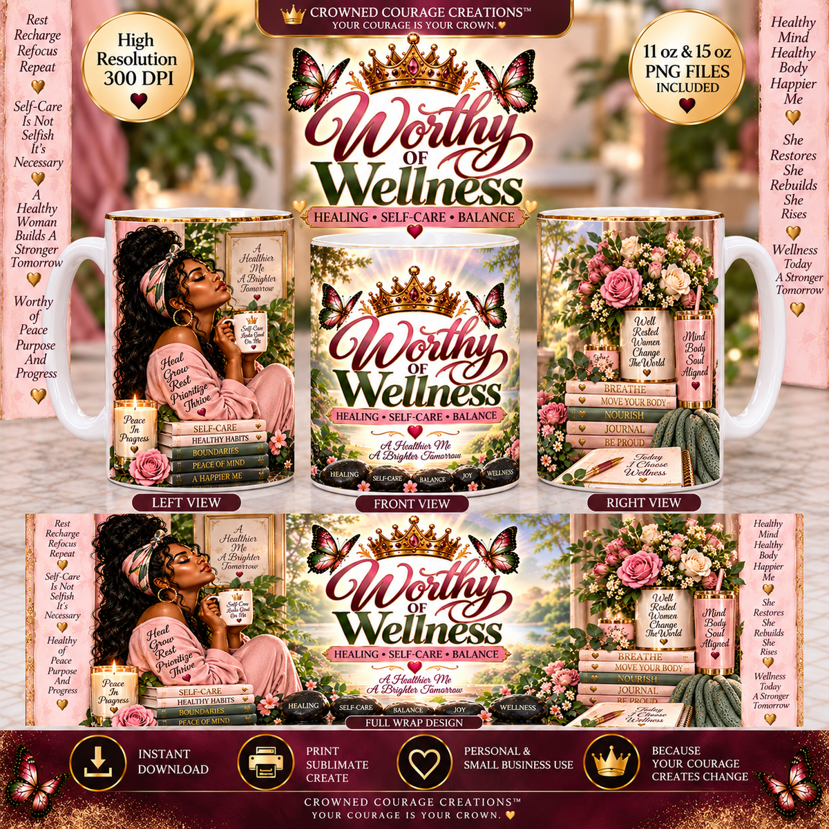 Worthy of Wellness – Blush Pink & Sage Mug Wrap | Digital Download