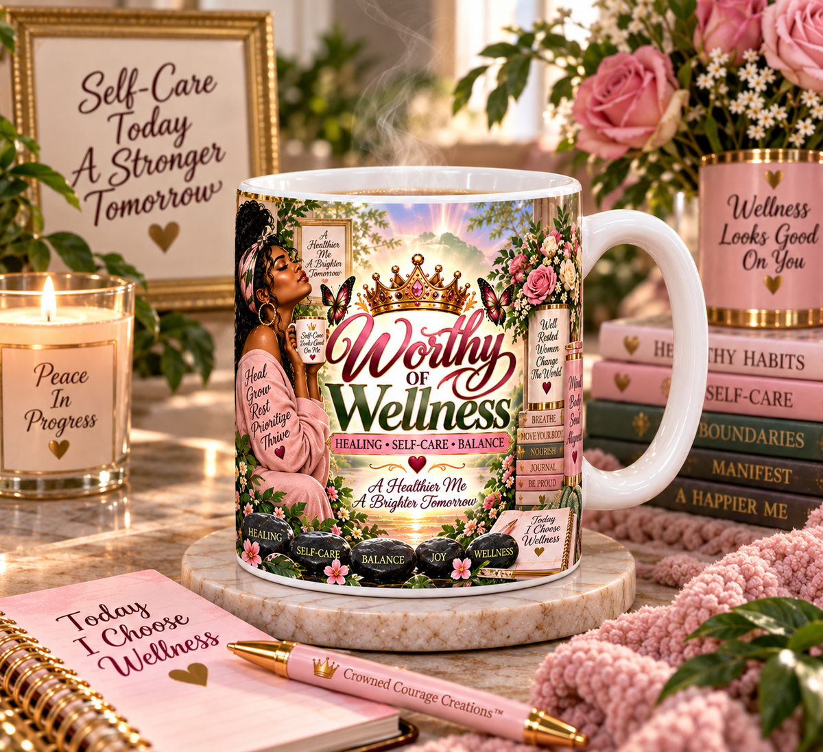 Worthy of Wellness – Blush Pink & Sage Mug Wrap | Digital Download