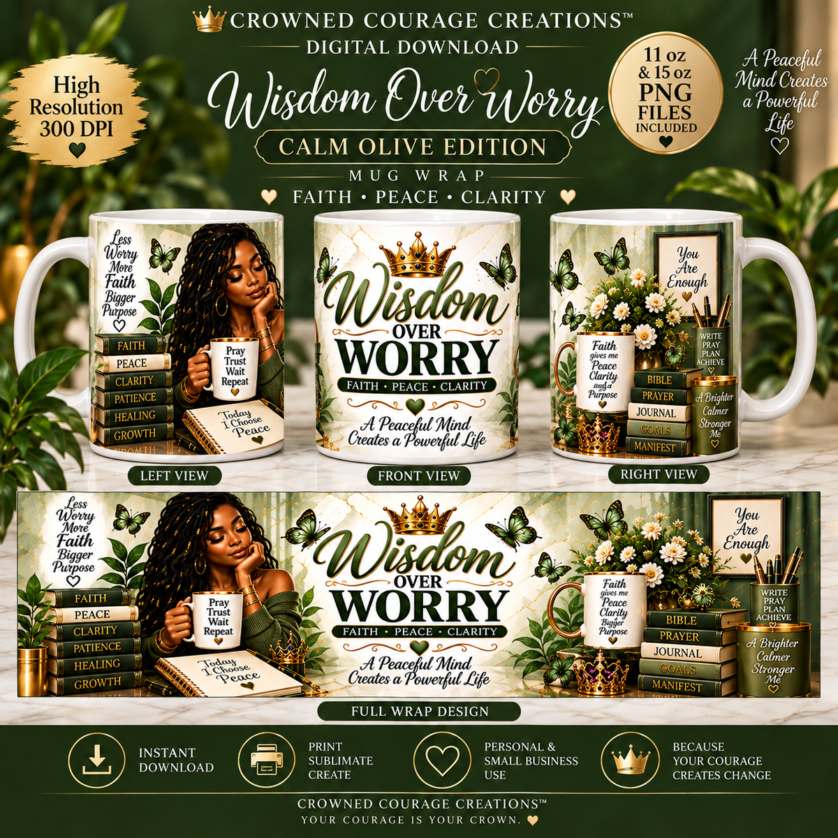 Wisdom Over Worry – Calm Olive Mug Wrap | Digital Download