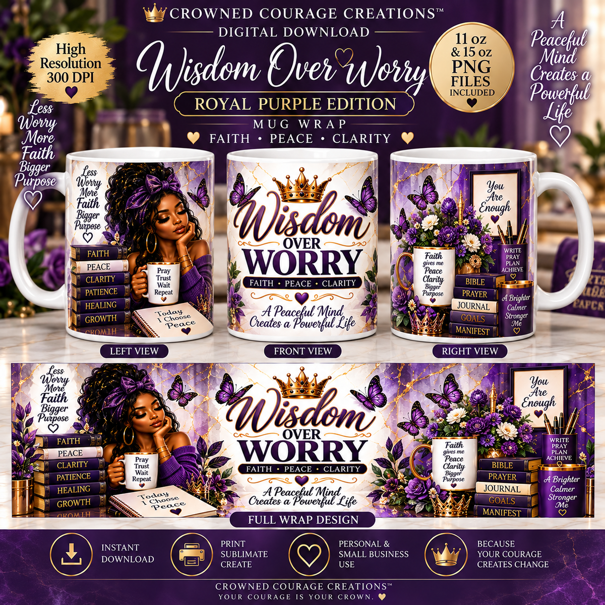 Wisdom Over Worry – Royal Purple Mug Wrap | Digital Download
