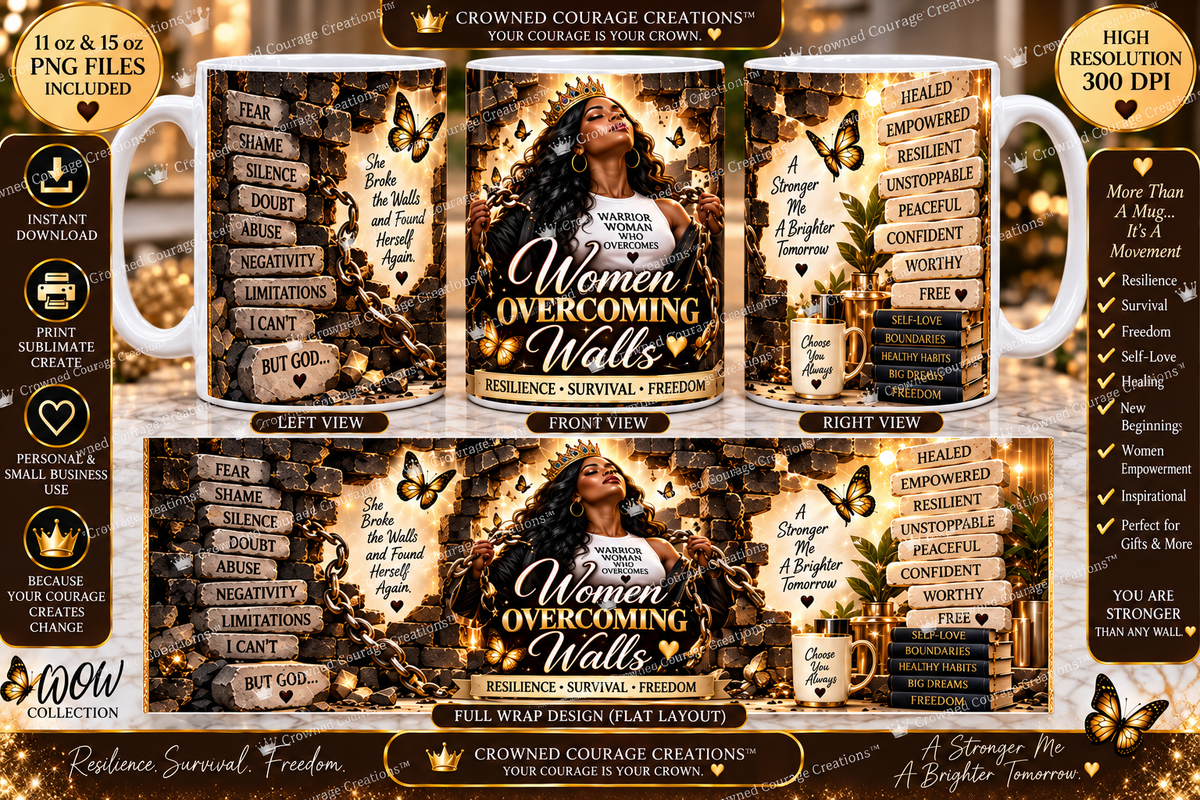 Women Overcoming Walls – Chocolate Brown & Royal Gold Mug Wrap | Digital Download