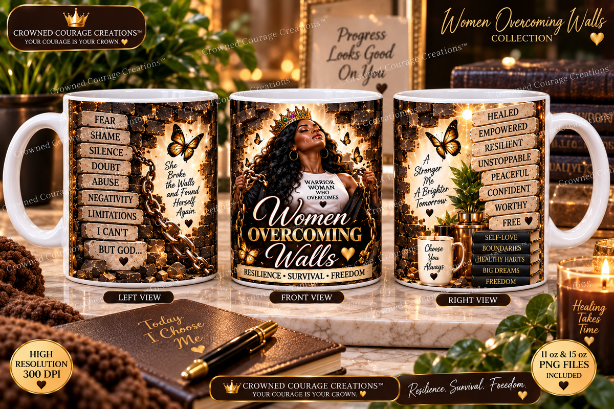 Women Overcoming Walls – Chocolate Brown & Royal Gold Mug Wrap | Digital Download