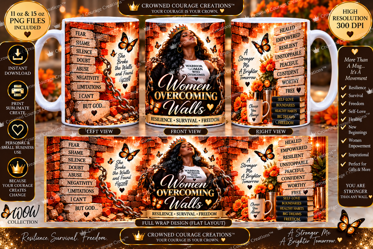 Women Overcoming Walls – Burnt Orange & Champagne Gold Mug Wrap | Digital Download