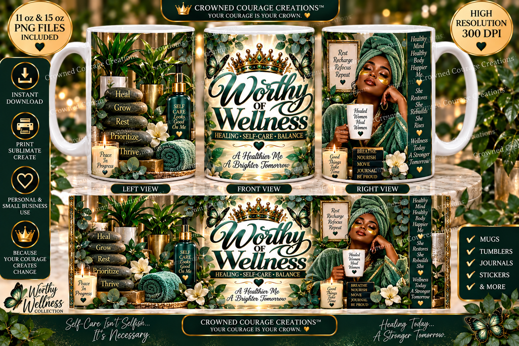 Worthy of Wellness – Emerald Green Mug Wrap | Digital Download