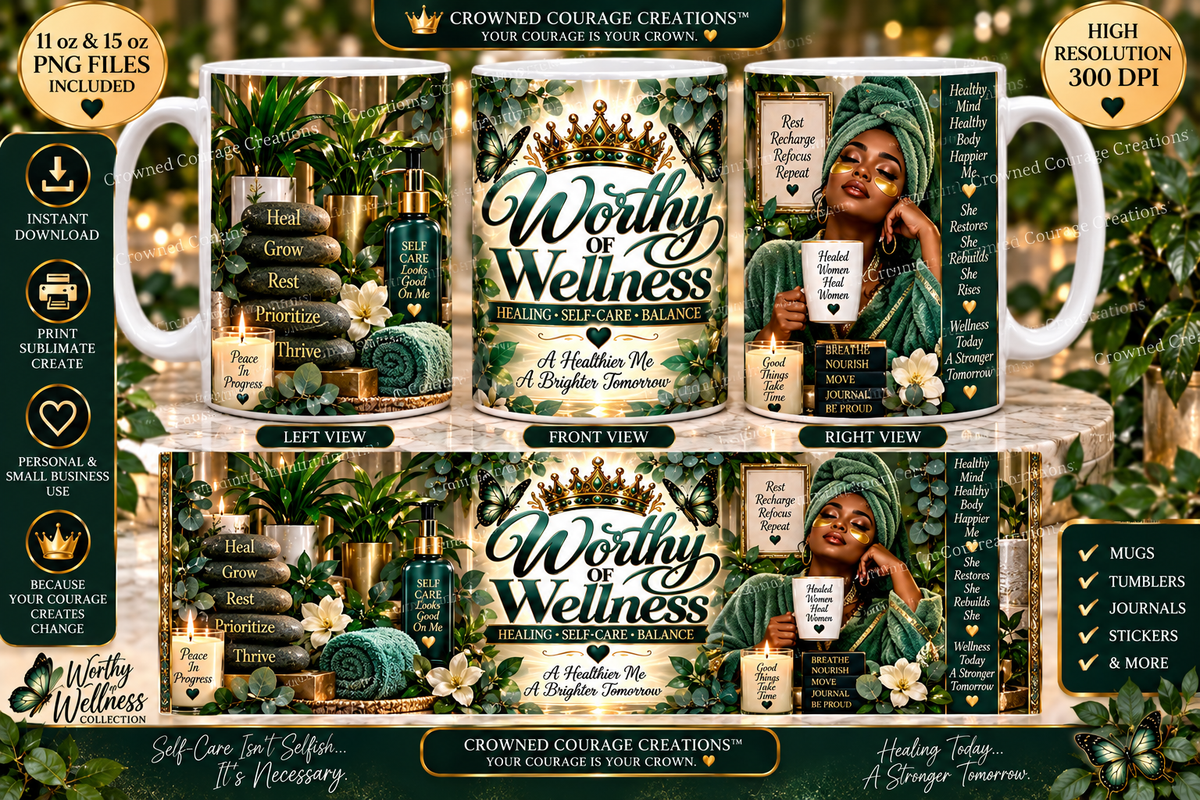 Worthy of Wellness – Emerald Green Mug Wrap | Digital Download