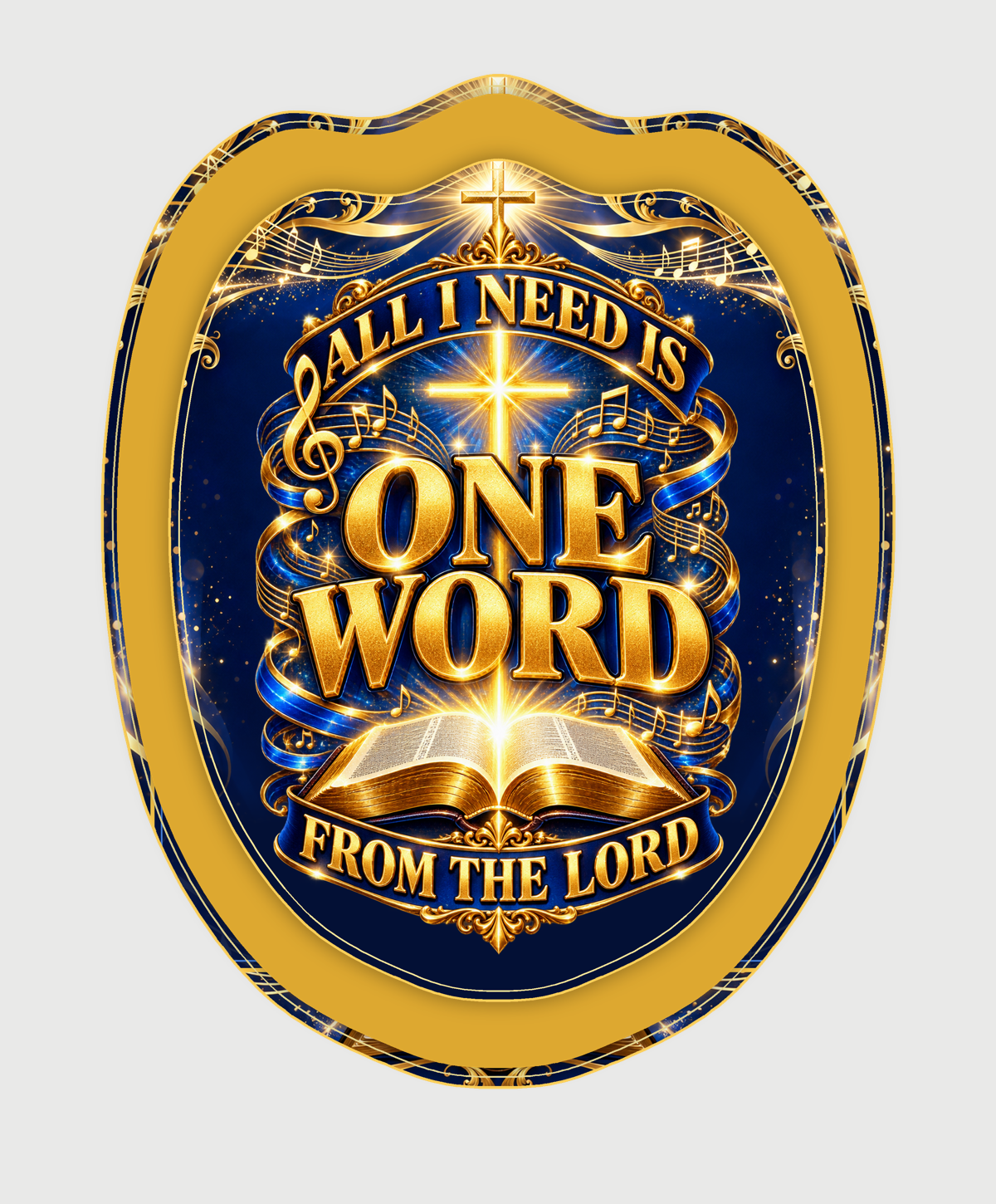Layered blue-and-gold One Word church fan design