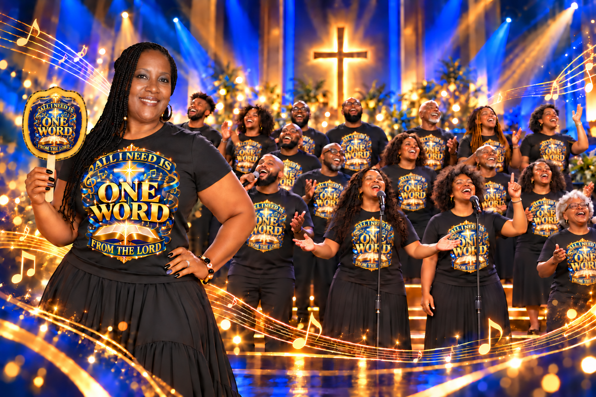 Race to 300 choir mockup with One Word shirts and layered church fan